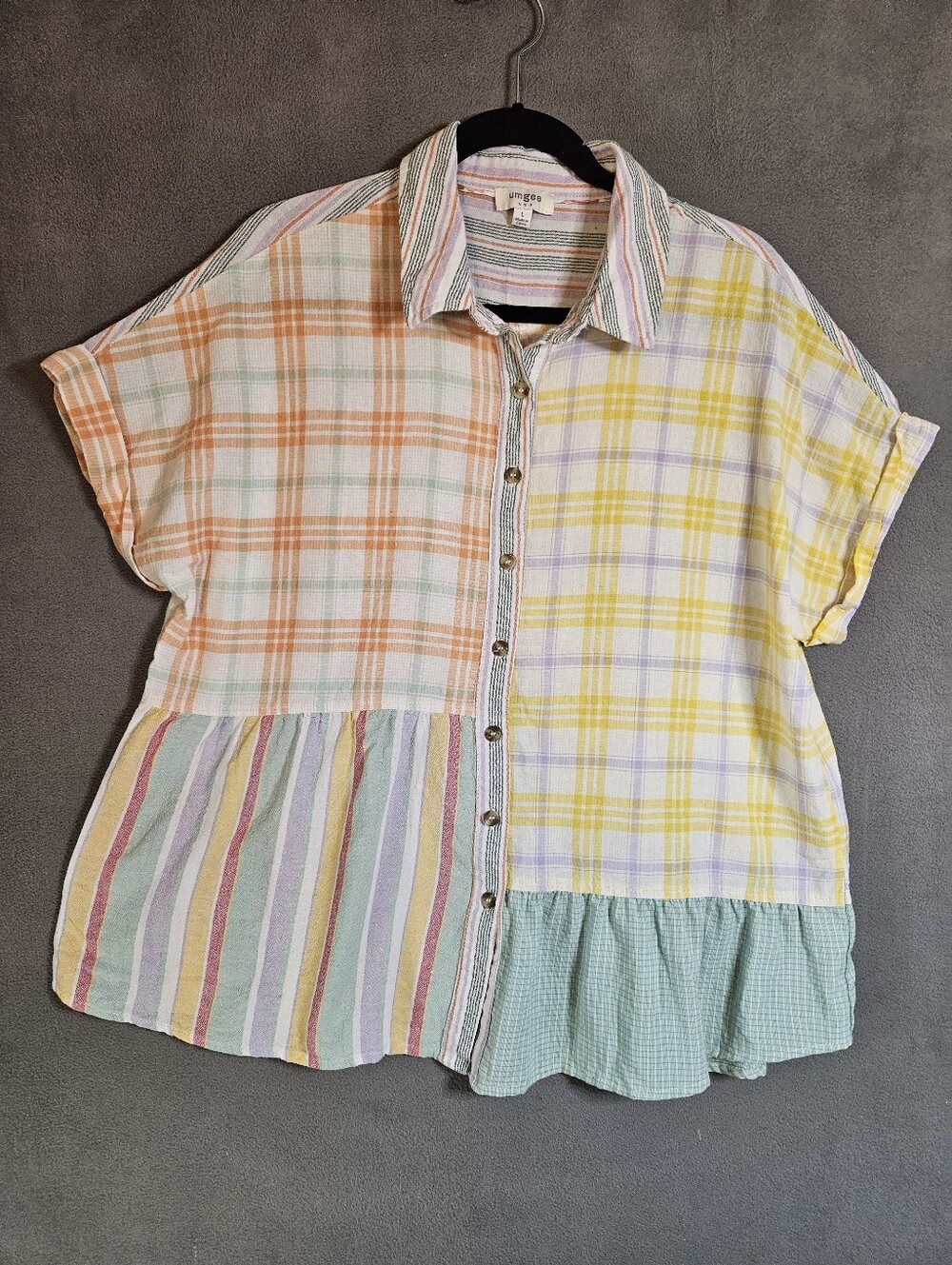 Umgee Womens Large Patchwork Oversized Shirt Plaid Buttons Ruffle Teir Boho